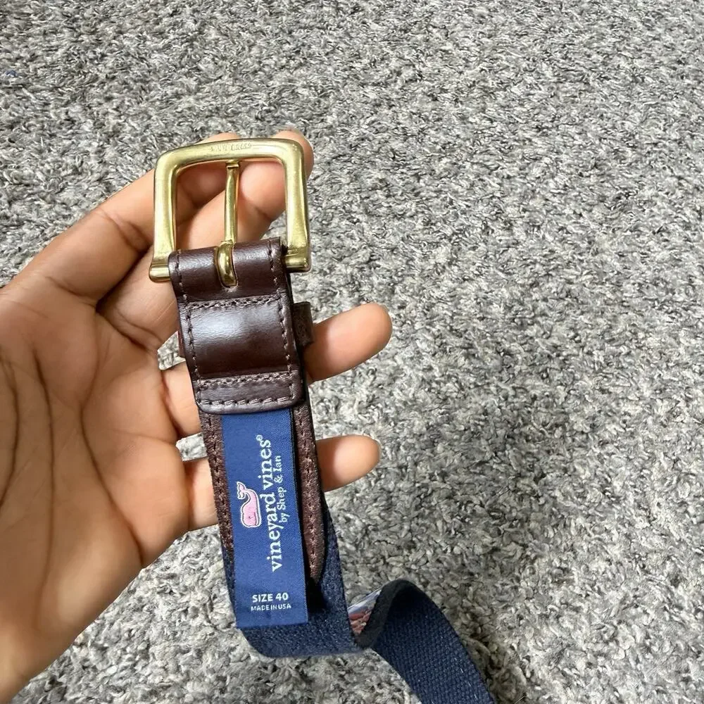 Vineyard Vines Men’s Belt Canvas Leather Club 40 Navy Red Plaid Brass Buckle